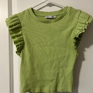 Zara Ribbed Top with Ruffled Cap Sleeves/ Small/ Green